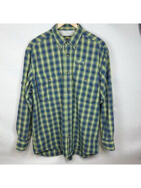 Cabela's Men's Vented Long Sleeve Fishing Hiking Blue Green Plaid Shirt Medium